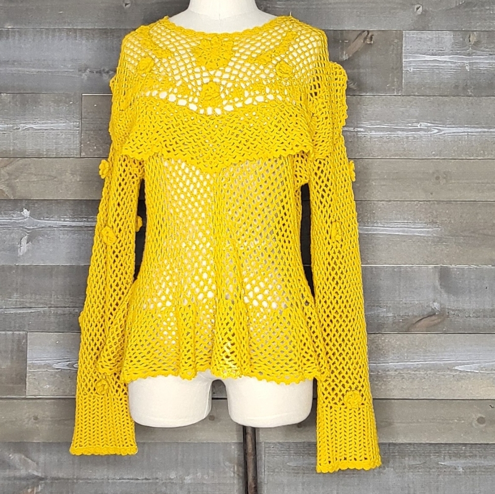 Zara Mustard Crochet Flower Details Long Sleeves Pull On Crochet Ruffle …